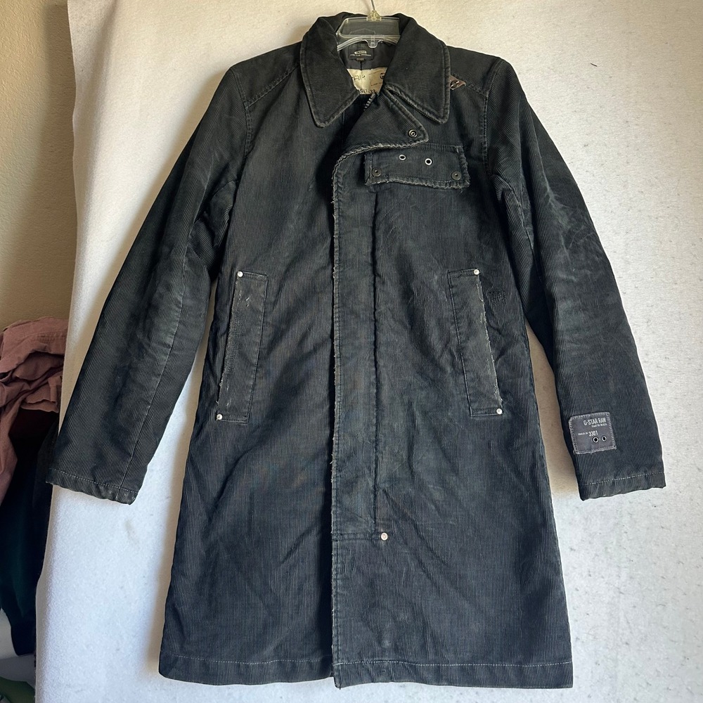 G-Star Raw 3301 Black Corduroy Trench Coat Mens Medium Quilted Lining GS01-33